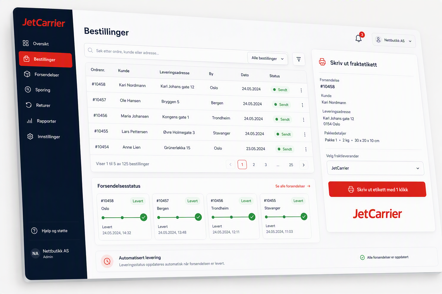 JetCarrier-plugin i Shopify-dashboard